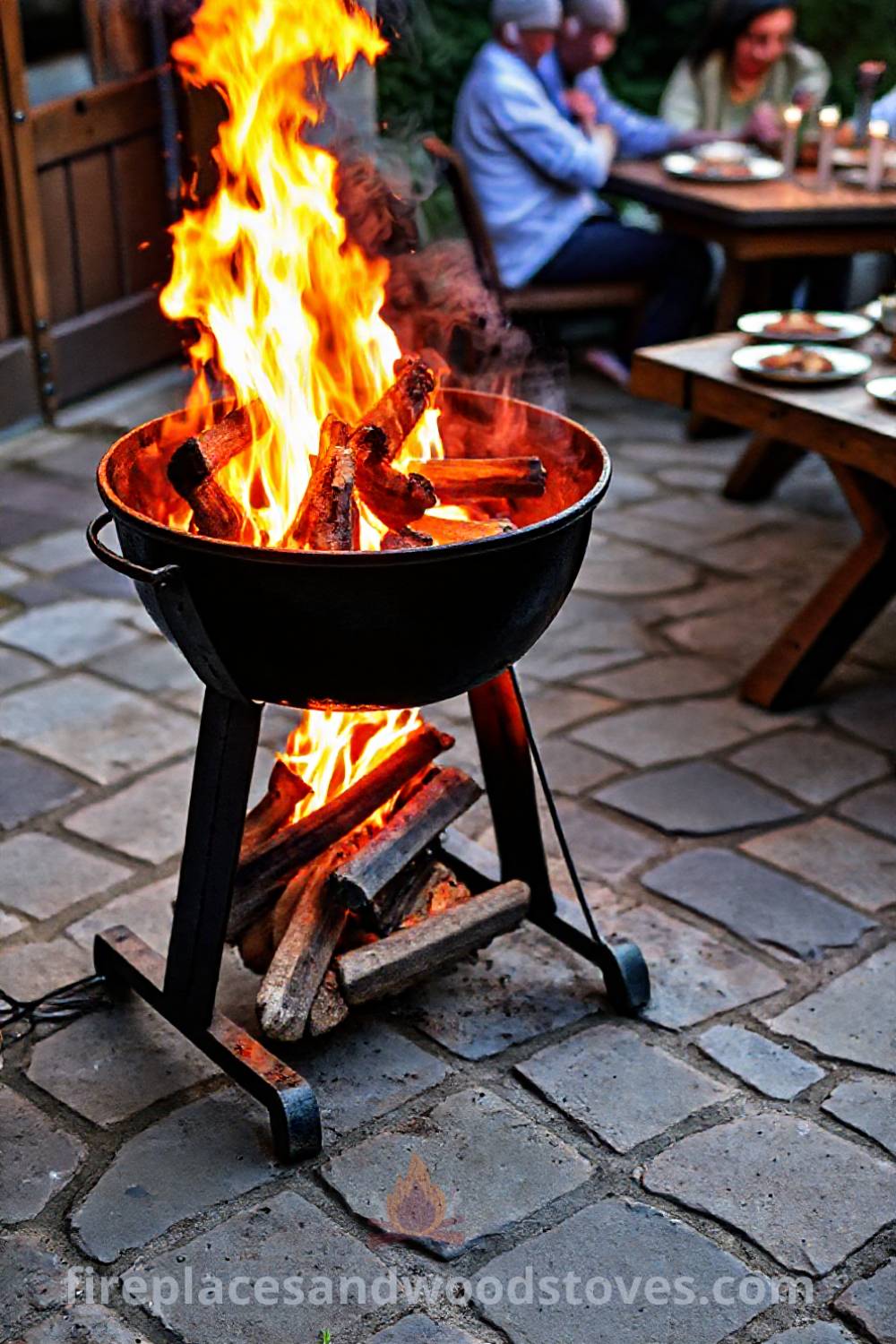 Wood-fired barbecue on a flagstone patio with a warm glow from flickering flames, surrounded by a rustic table set for a feast, creating a cozy outdoor atmosphere for gatherings. Visit patioandhomefurniture.com for stylish outdoor design ideas that will wow your guests.