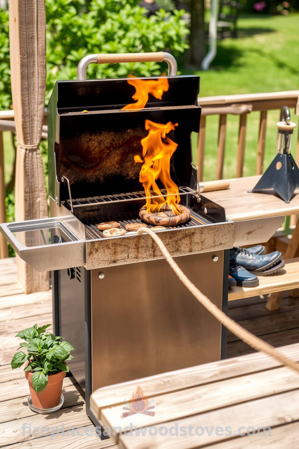 Barbecue grill on a wooden deck with flames and sizzling meat, surrounded by potted herbs and a picnic table, creating a cozy outdoor gathering atmosphere. Visit fireplacesandwoodstoves.com for more inspiring ideas and decor inspirations for your home.