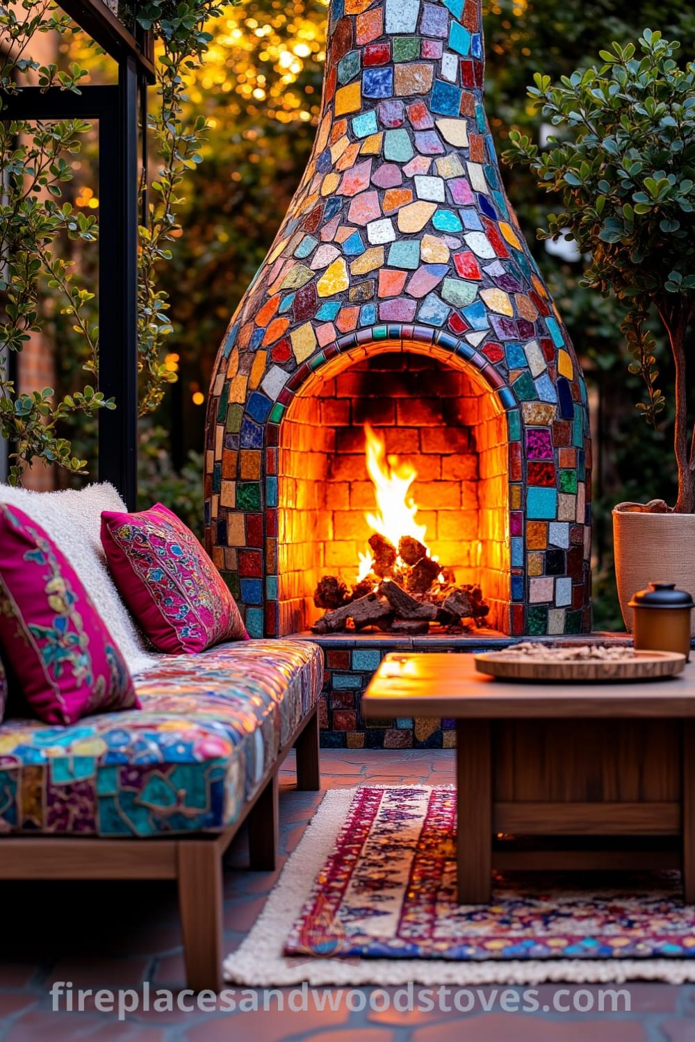 Bohemian mosaic fireplace on a cozy patio with colorful tiles and flickering flames, surrounded by plush mismatched cushions and a reclaimed wooden table, creating an inviting atmosphere for gatherings, visit fireplacesandwoodstoves.com for unique decor ideas.