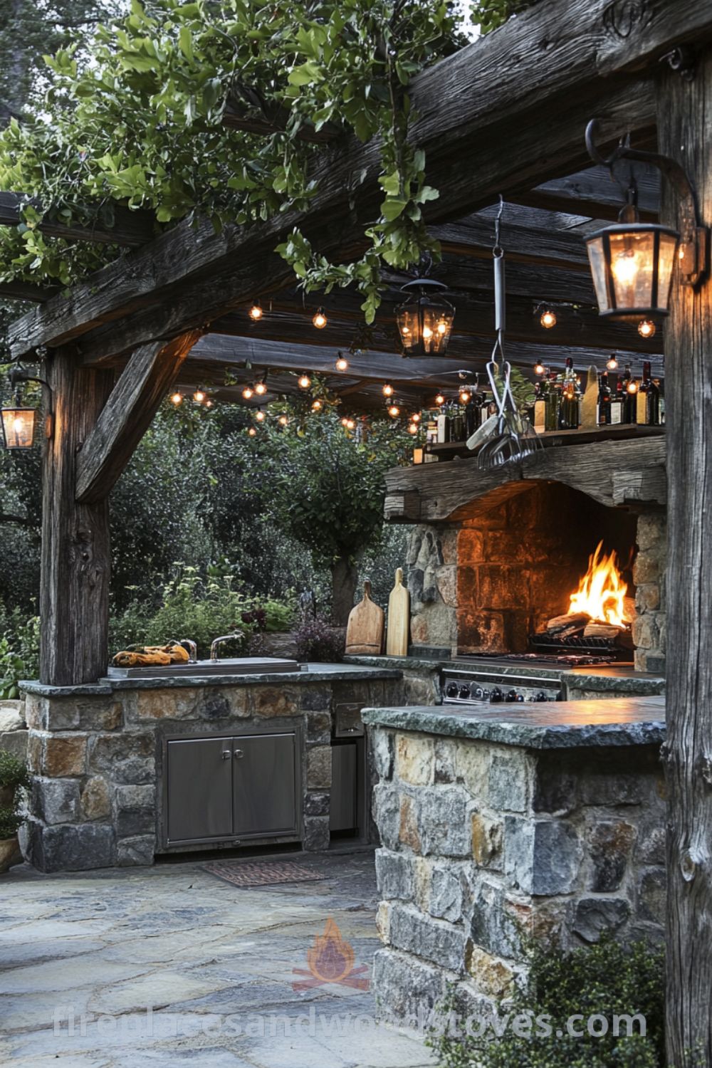 Covered patio kitchen with grilling area on fireplacesandwoodstoves.com, featuring a rustic design, cozy ideas, outdoor dining, and inspiring backyard ideas for modern outdoor living.