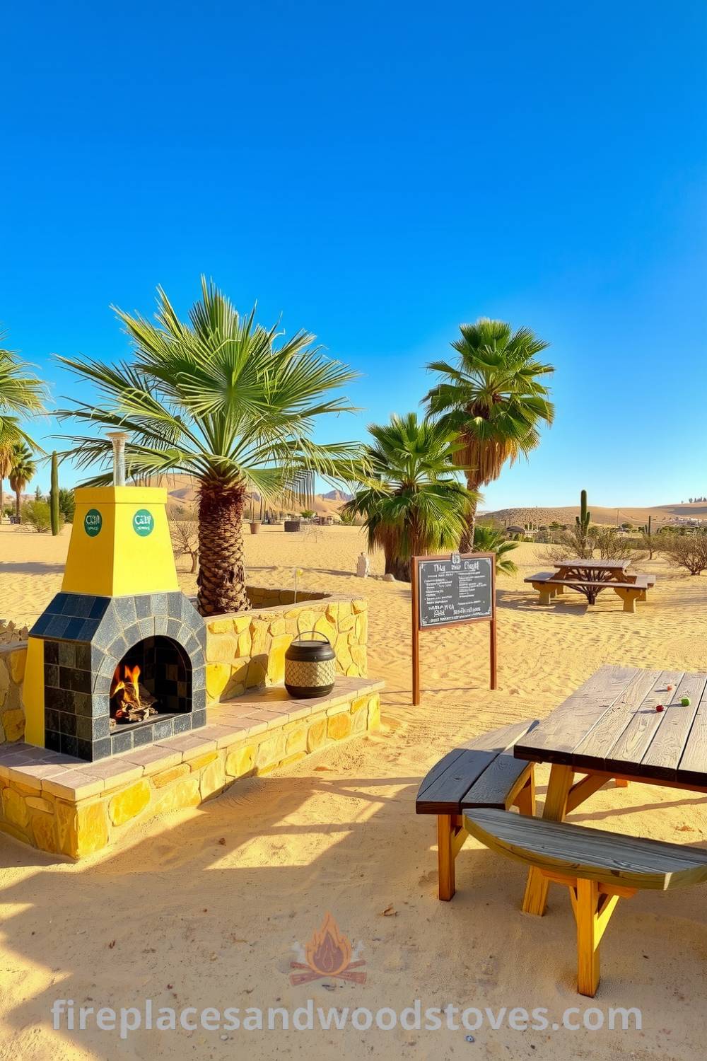 Desert oasis barbecue with a sandstone base under swaying palms, rustic wooden picnic tables, and wood-burning flames creating a cozy atmosphere filled with rich, smoky aromas, ideal for gatherings. Visit fireplacesandwoodstoves.com for cozy ideas and design inspirations.