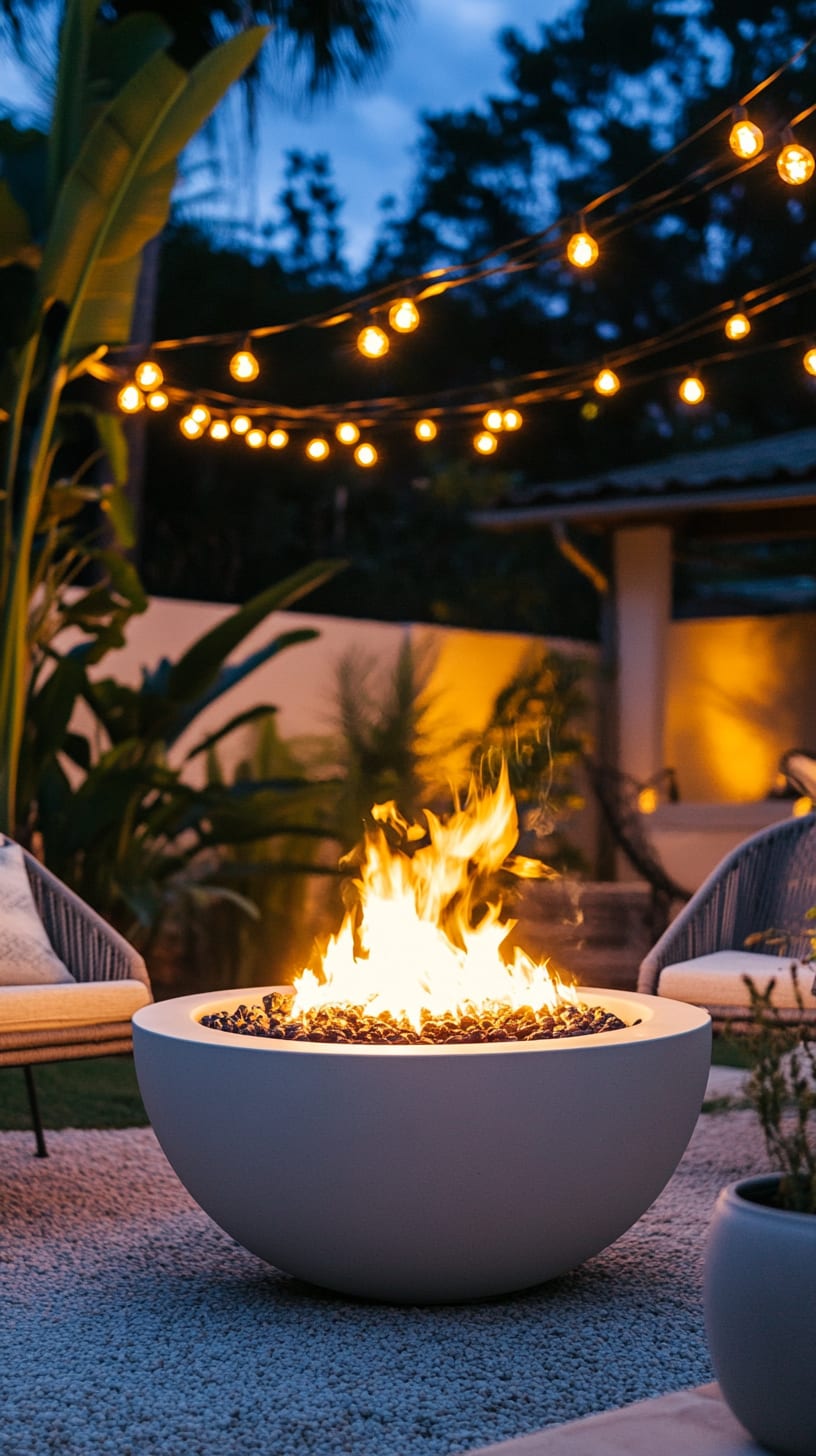 A modern white fire bowl surrounded by tropical plants and string lights on an outdoor patio, creating a cozy evening ambiance.