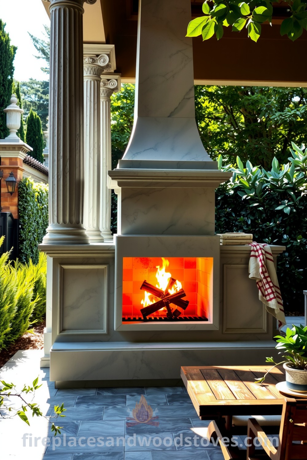 Neoclassical outdoor barbecue with towering marble columns in a sunlit garden surrounded by lush greenery and rustic wooden furniture, showcasing cozy ideas for entertaining, illuminating warm gatherings, and inspiring decor ideas for your home, featured on fireplacesandwoodstoves.com.