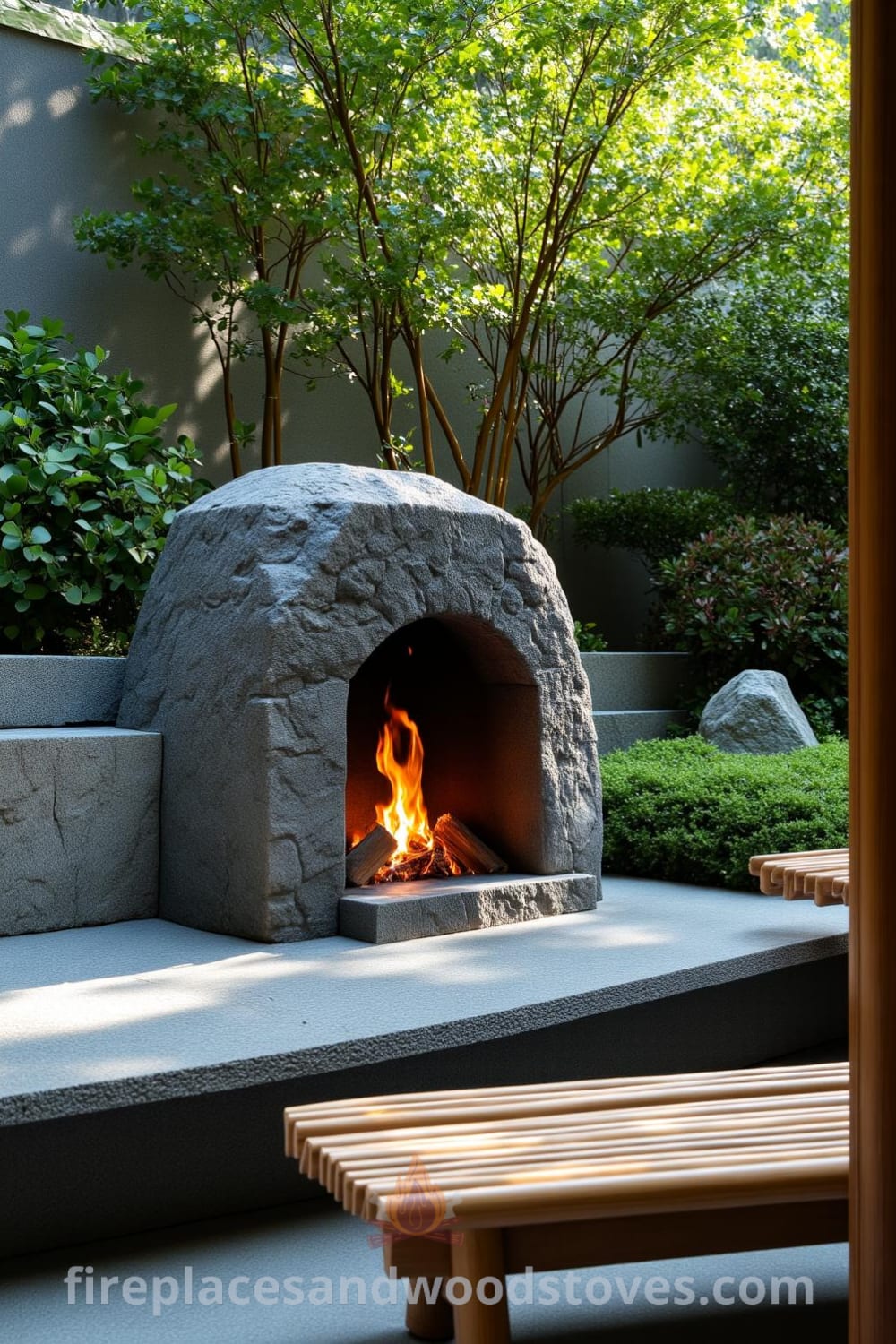 Japanese Zen outdoor fireplace nestled in a tranquil garden with arranged stones, lush greenery, and flickering flames, creating a cozy and serene atmosphere ideal for inspiration for your home at fireplacesandwoodstoves.com.