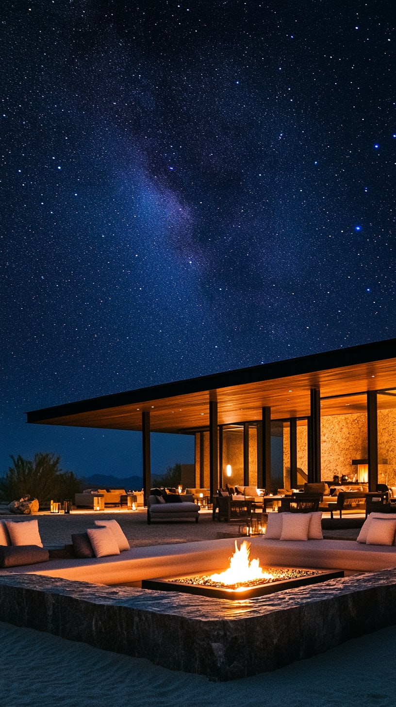 A modern desert resort featuring an open-air lounge with a fire pit, under a starry night sky and sleek architecture.