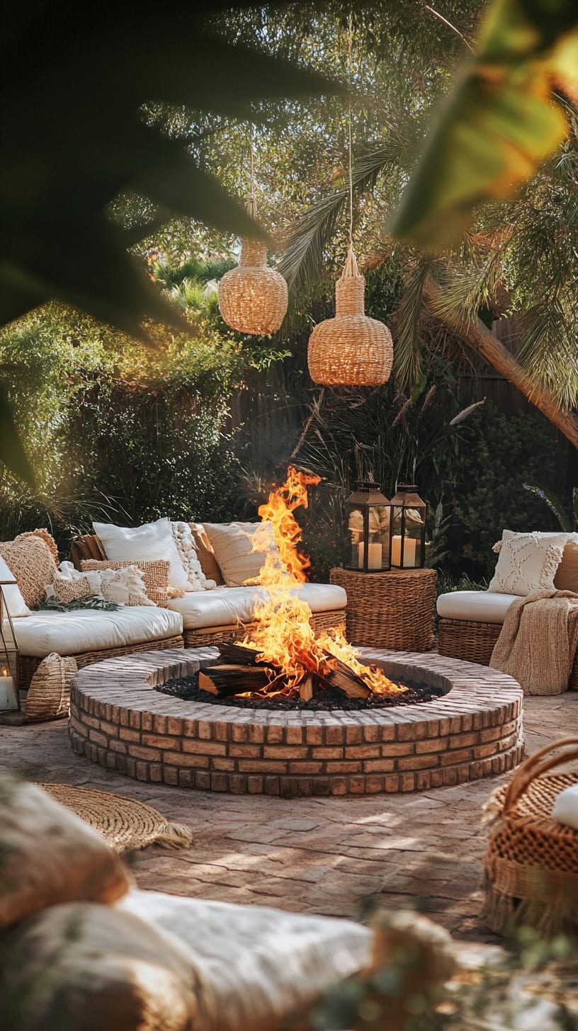 A cozy boho outdoor setting with a round fire pit, comfortable seating, and hanging lanterns surrounded by lush greenery.