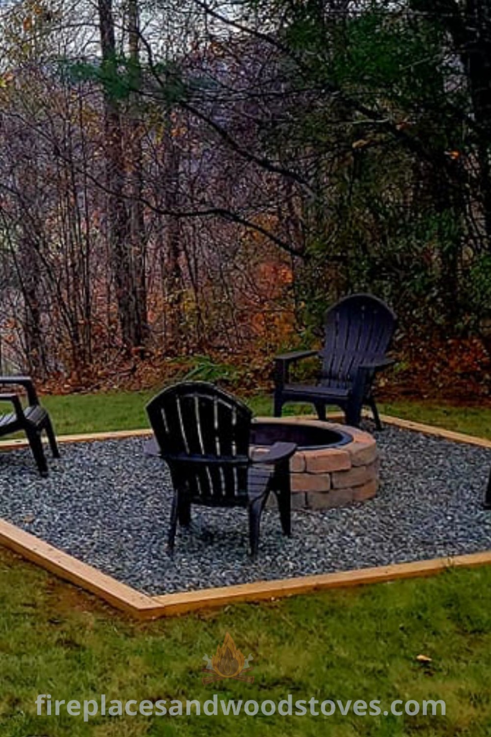 An outdoor fire pit area featuring chairs around a graveled space, surrounded by trees, ideal for simple fire pit ideas and backyard themes. Discover stylish designs and DIY inspirations at patioandhomefurniture.com.