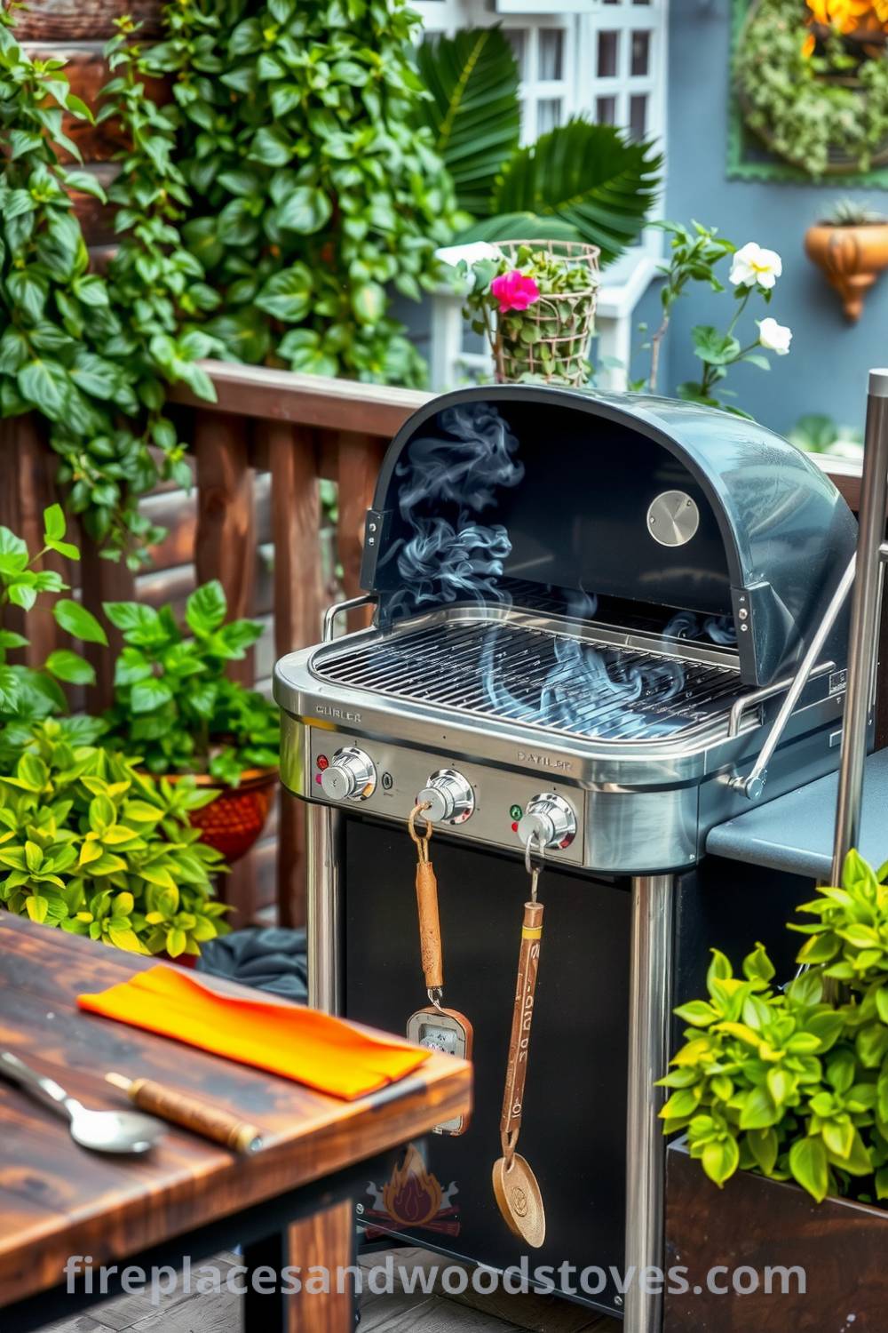 Charming barbecue on a wooden deck with vibrant green plants, fragrant herbs, and a warm glow from the grill, showcasing cozy ideas for outdoor gatherings and design inspirations for your home, featured on fireplacesandwoodstoves.com.