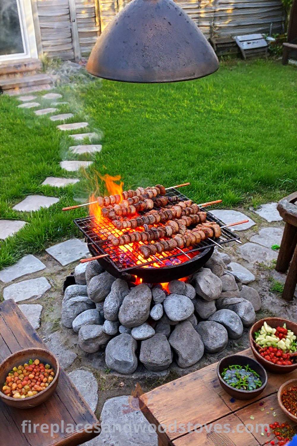 Outdoor Turkish mangal barbecue with glowing charcoal, skewered meats, lush grass, and rustic wooden tables offering a cozy dining experience; a perfect way to impress friends and family. Visit patioandhomefurniture.com for stylish outdoor design ideas.