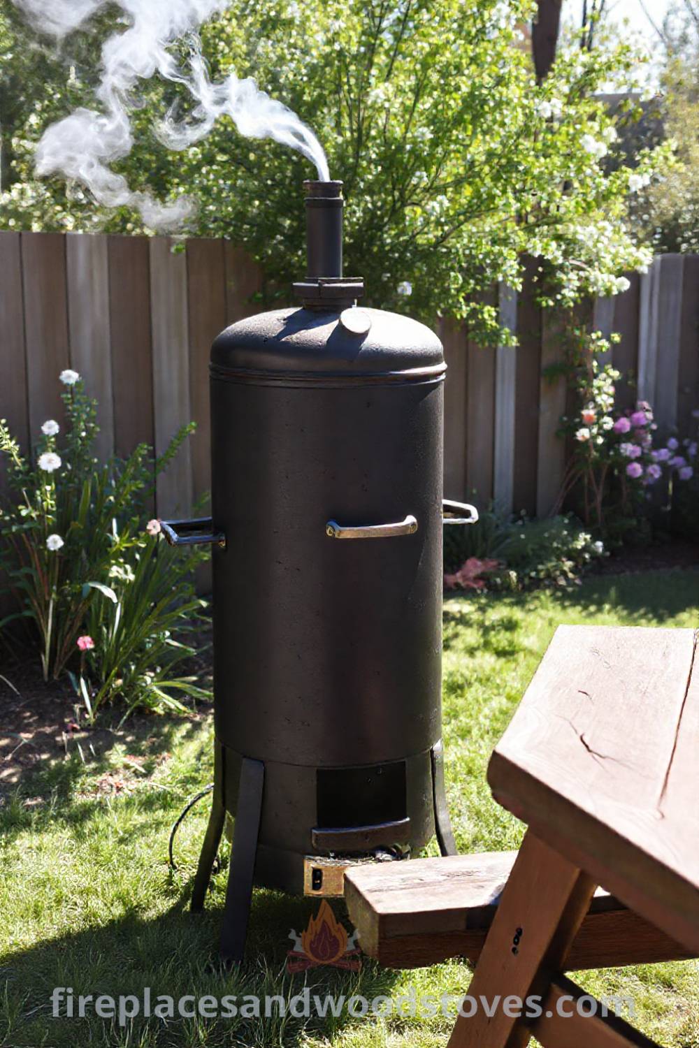 Vertical smoker barbecue in a sun-drenched backyard with blooming flowers and a sturdy picnic table, creating a cozy outdoor space perfect for delicious meals with friends and family. Visit patioandhomefurniture.com for stylish backyard design ideas you’ll love.