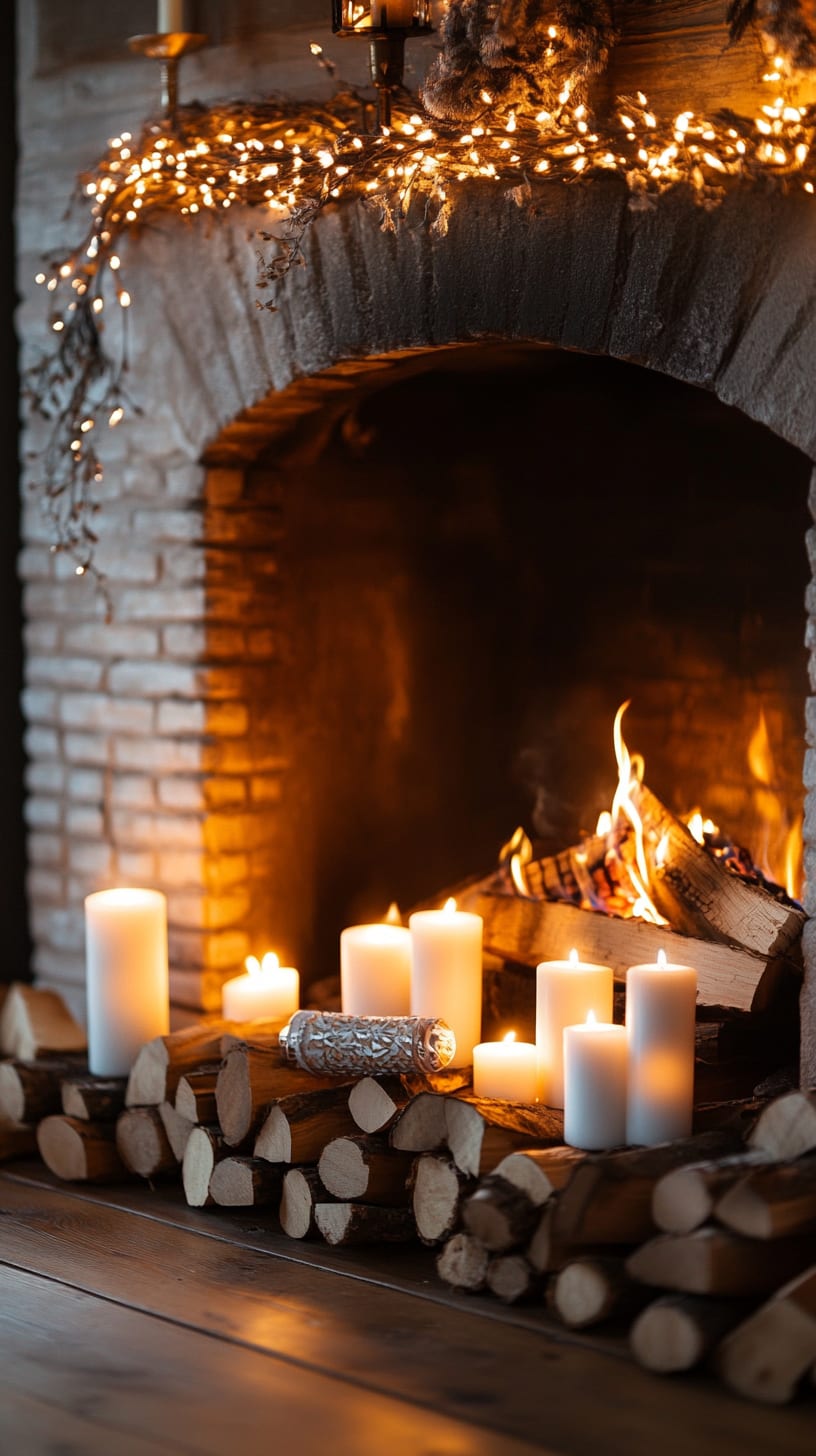 A cozy fireplace with white candles and stacked firewood, creating an inviting atmosphere for holiday celebrations.