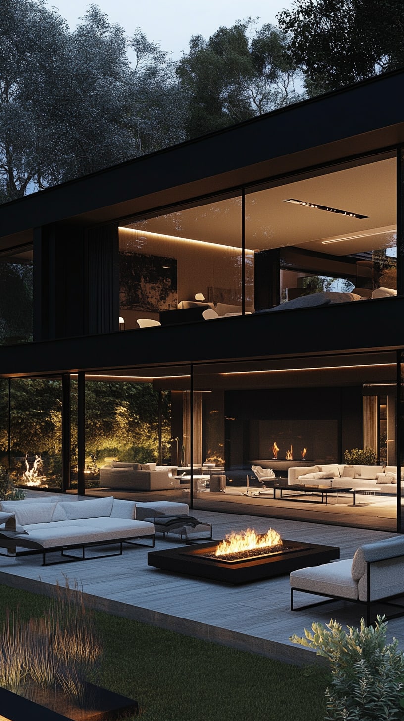 A modern black house with large glass windows, white sofas around an outdoor fire pit, surrounded by greenery in a cozy evening setting.