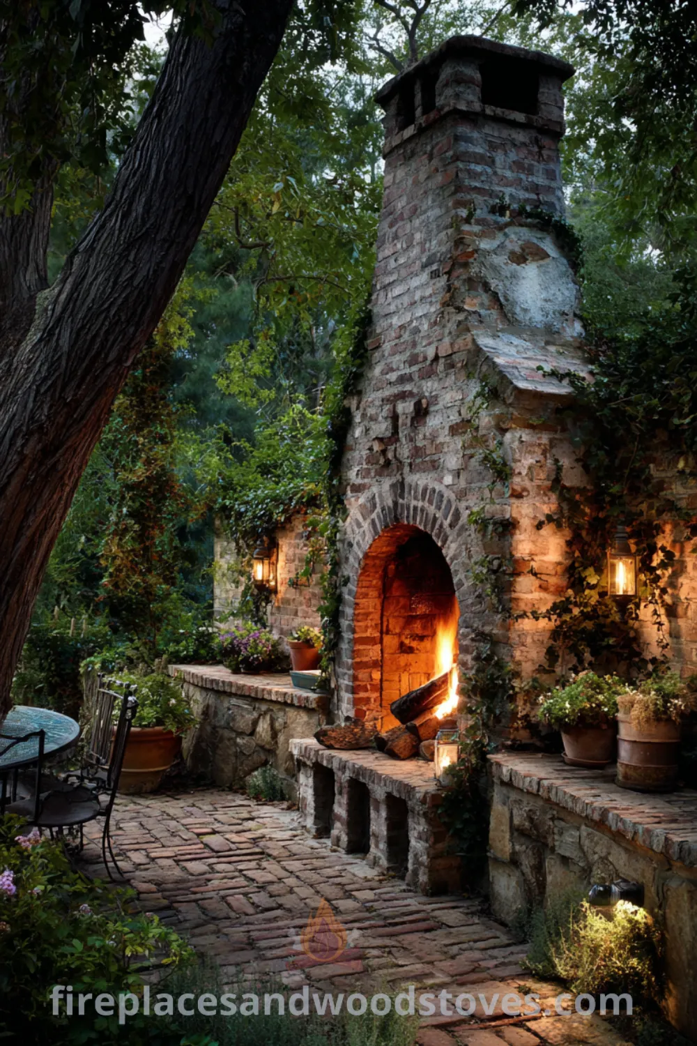 Aged brick rustic outdoor fireplace with built-in log storage in a serene location surrounded by mature trees and natural landscape.