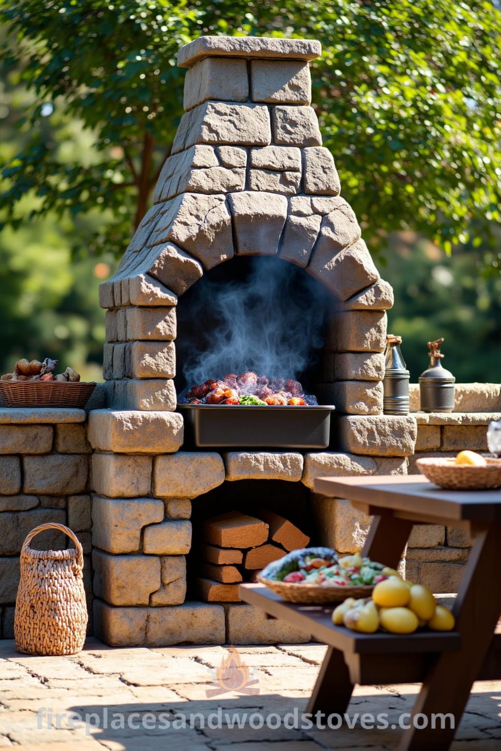 Rustic stone outdoor barbecue in a sunlit backyard, surrounded by greenery, emanating smoke from glowing coals, with a wooden picnic table displaying picnic essentials, creating inviting decor ideas for a cozy home, ideal for summer gatherings. Visit fireplacesandwoodstoves.com for more unique ideas.