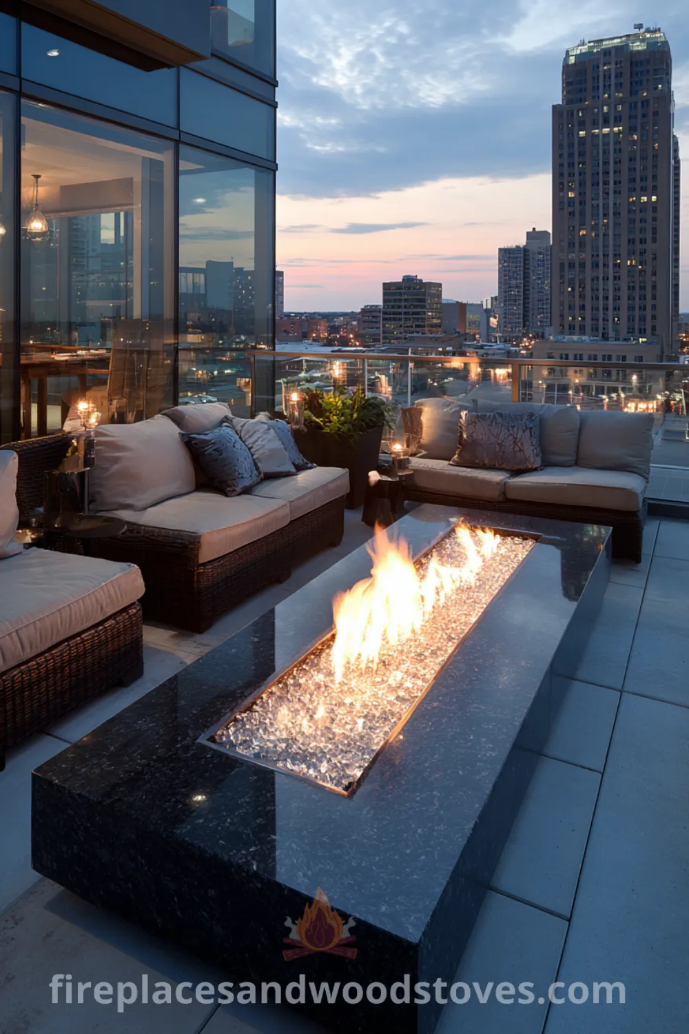 Penthouse terrace showcasing modern luxury fire pit, high-end fire pit design, crystal fire glass, and urban skyline view.