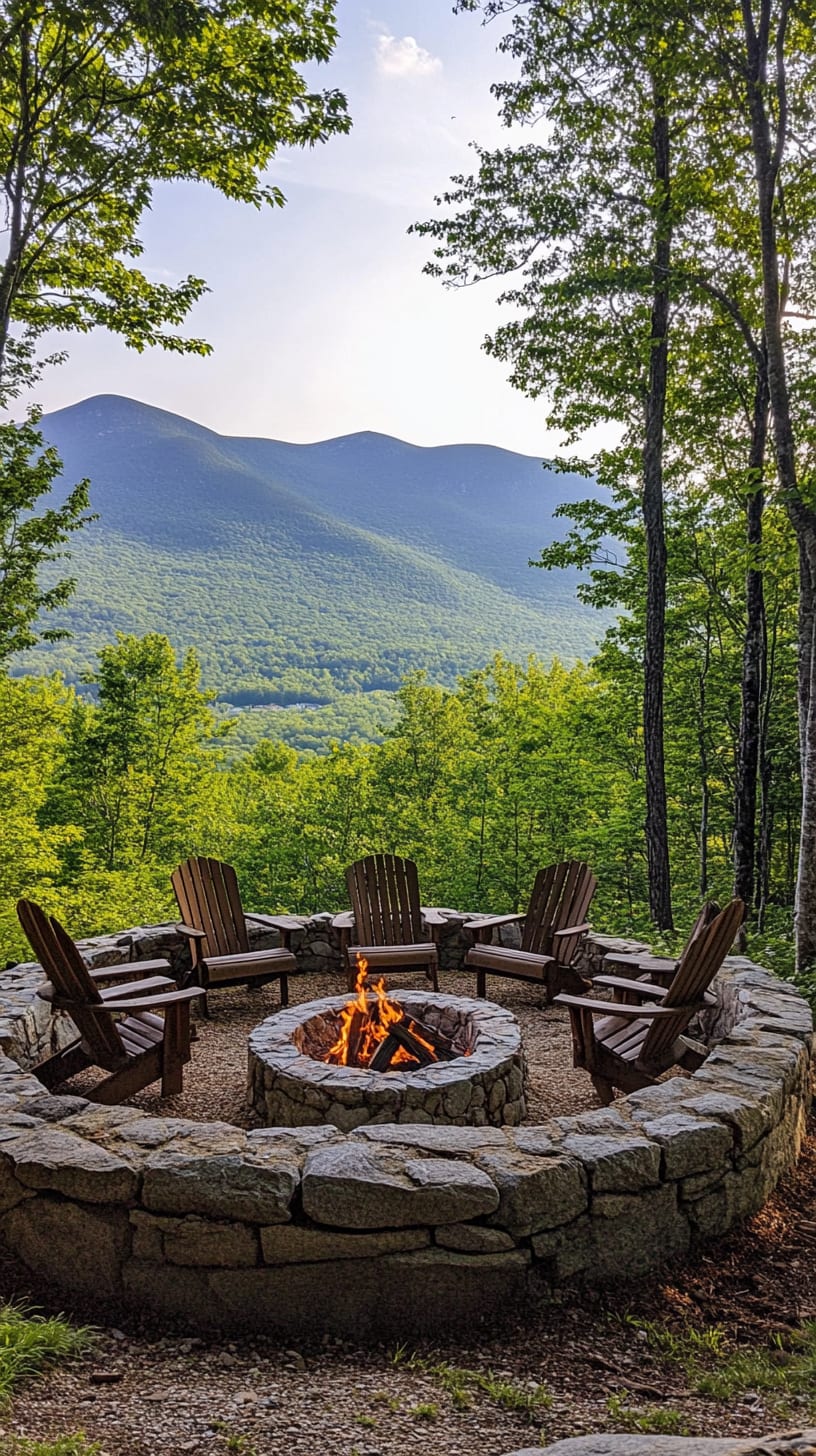 A cozy outdoor fire pit with wooden chairs arranged around it, set against the backdrop of lush green mountains and trees in New Hampshire.