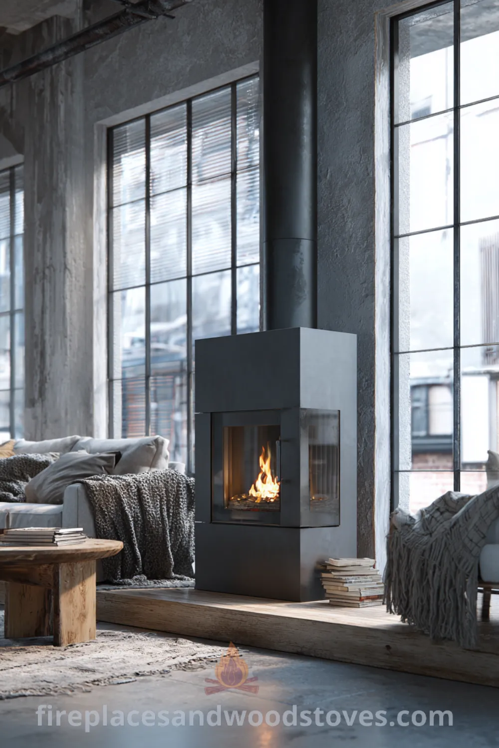 Compact dark grey matte steel industrial Scandinavian fireplace on light wood platform in an urban living space.