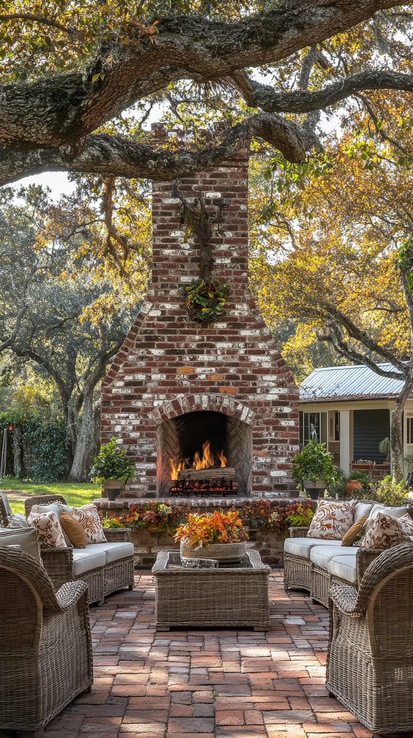 A cozy outdoor living area featuring a rustic brick fireplace, surrounded by wicker furniture and autumn foliage, under large oak trees.