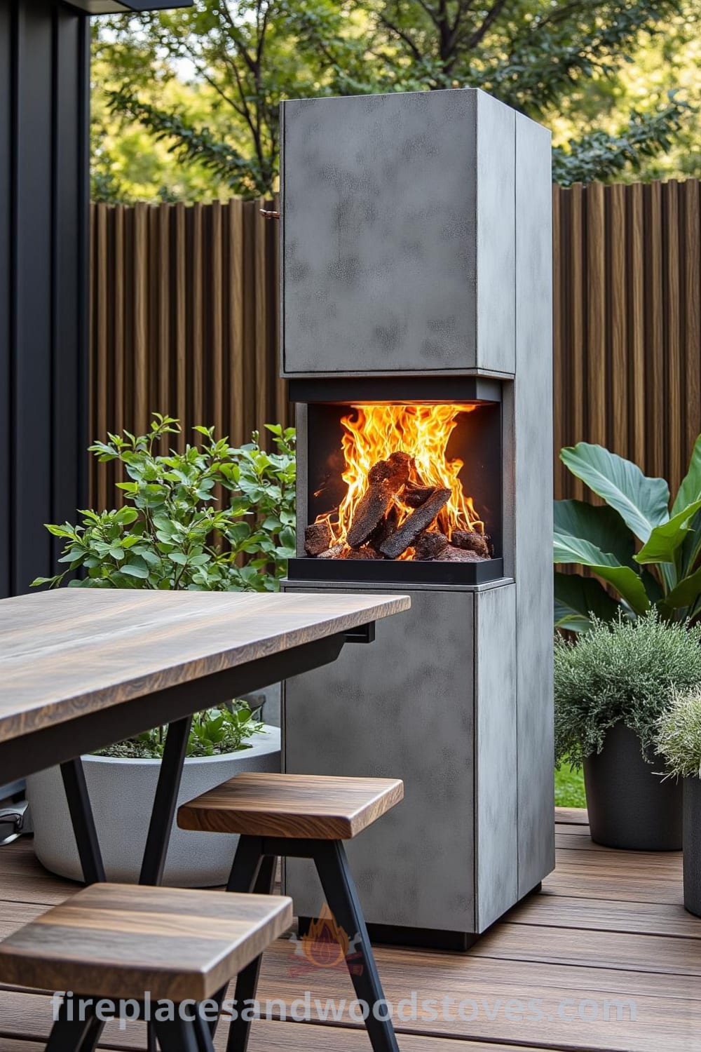 Modern concrete outdoor barbecue on a wooden deck, surrounded by rustic metal stools and a weathered table, showcasing charred marks and a warm glow, perfect for creating a cozy home atmosphere for gatherings. Visit fireplacesandwoodstoves.com for unique decor ideas and inspiring designs.