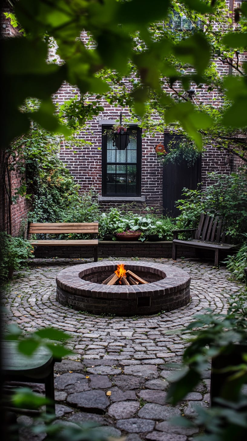 A cozy courtyard showcasing a round fire pit surrounded by wooden benches and greenery, with an old brick wall in the background.