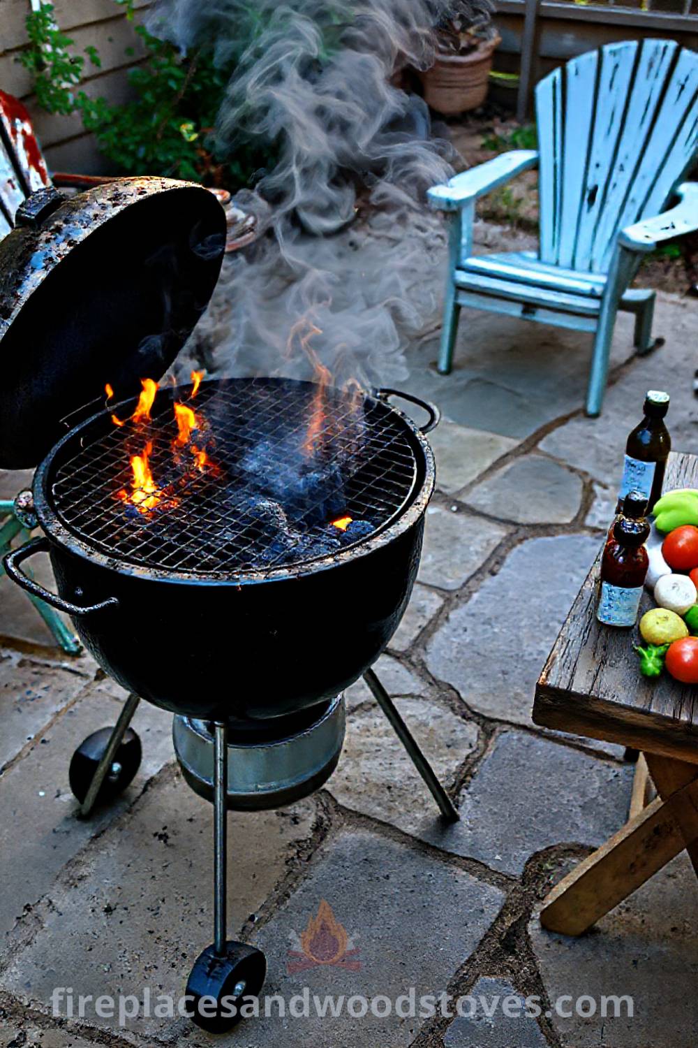 Charcoal grill barbecue on a weathered stone patio surrounded by mismatched chairs and a wooden table with marinades and fresh vegetables, creating an inviting outdoor scene for summer gatherings. Visit patioandhomefurniture.com for ideas that will wow your guests.