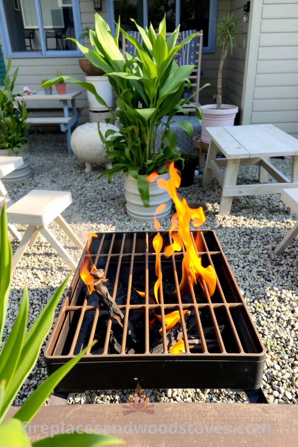 Cozy backyard barbecue scene with a charcoal grill at the center, surrounded by rustic picnic tables, vibrant green plants swaying in the breeze, and a warm, inviting atmosphere for gatherings. Visit fireplacesandwoodstoves.com for more cozy home design ideas and inspirations.