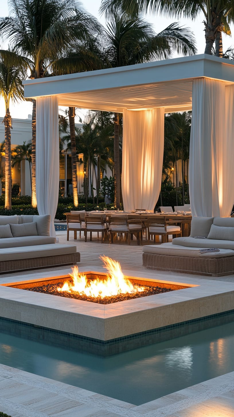 A luxurious poolside area featuring a fire pit surrounded by elegant seating and white drapes, complemented by a tranquil pool and palm trees.