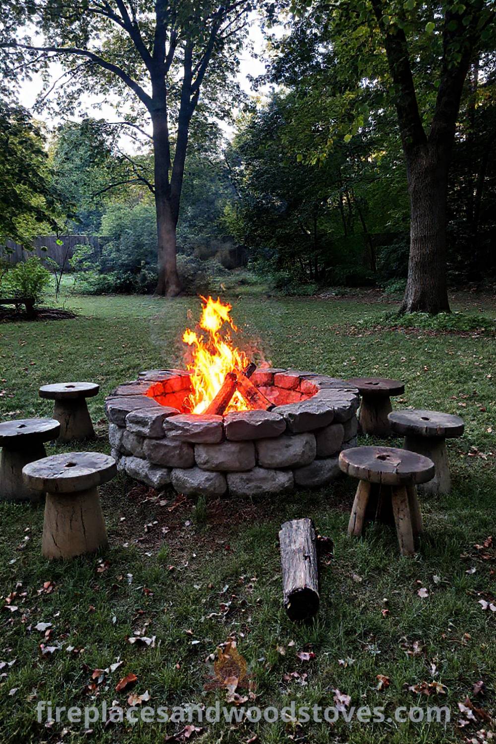 Stone fire pit in a leafy backyard surrounded by wooden stools, creating a cozy and inviting gathering space for friends and family, perfect for sharing stories by the fire. Visit patioandhomefurniture.com for stylish outdoor design ideas.
