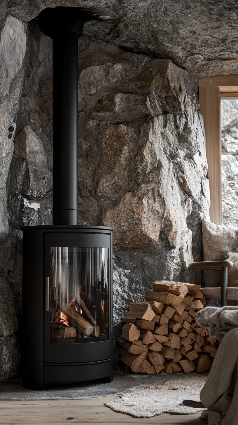 A modern black wood stove in a cozy cabin with rough stone walls and stacked firewood, embodying Scandinavian interior design.