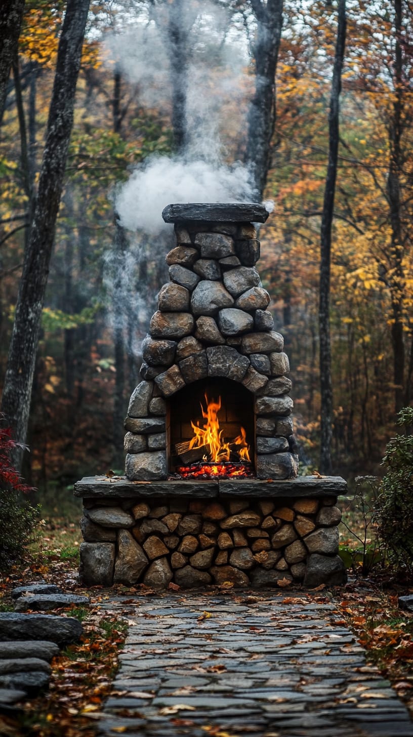 A rustic stone outdoor fireplace with smoke rising, surrounded by colorful autumn trees and a cobblestone path.