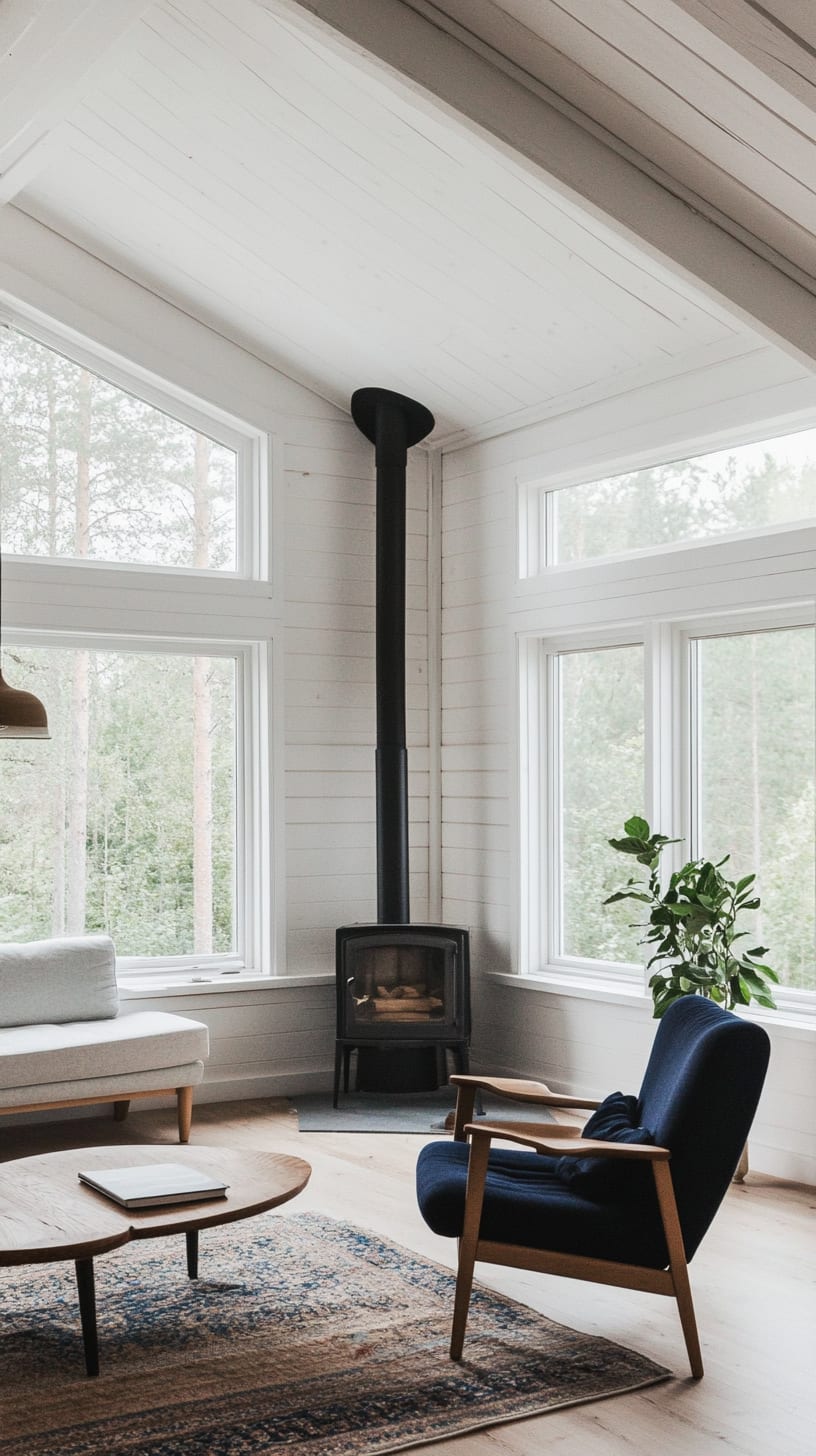 A modern Scandinavian living room featuring white walls, a black wood stove, and a navy blue armchair with large windows offering a view of the forest outside.
