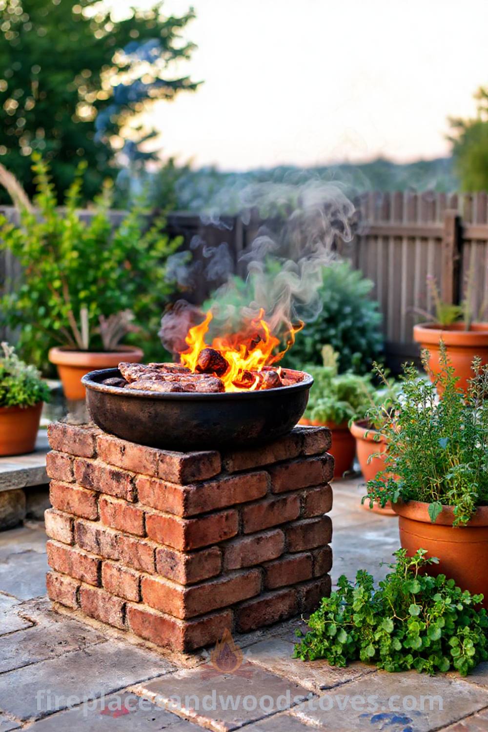 Rustic wood-fired barbecue on a stone patio, surrounded by vibrant herbs in terracotta pots, creating a cozy and inviting space for outdoor gatherings. Visit patioandhomefurniture.com for stylish ideas that will wow your guests.