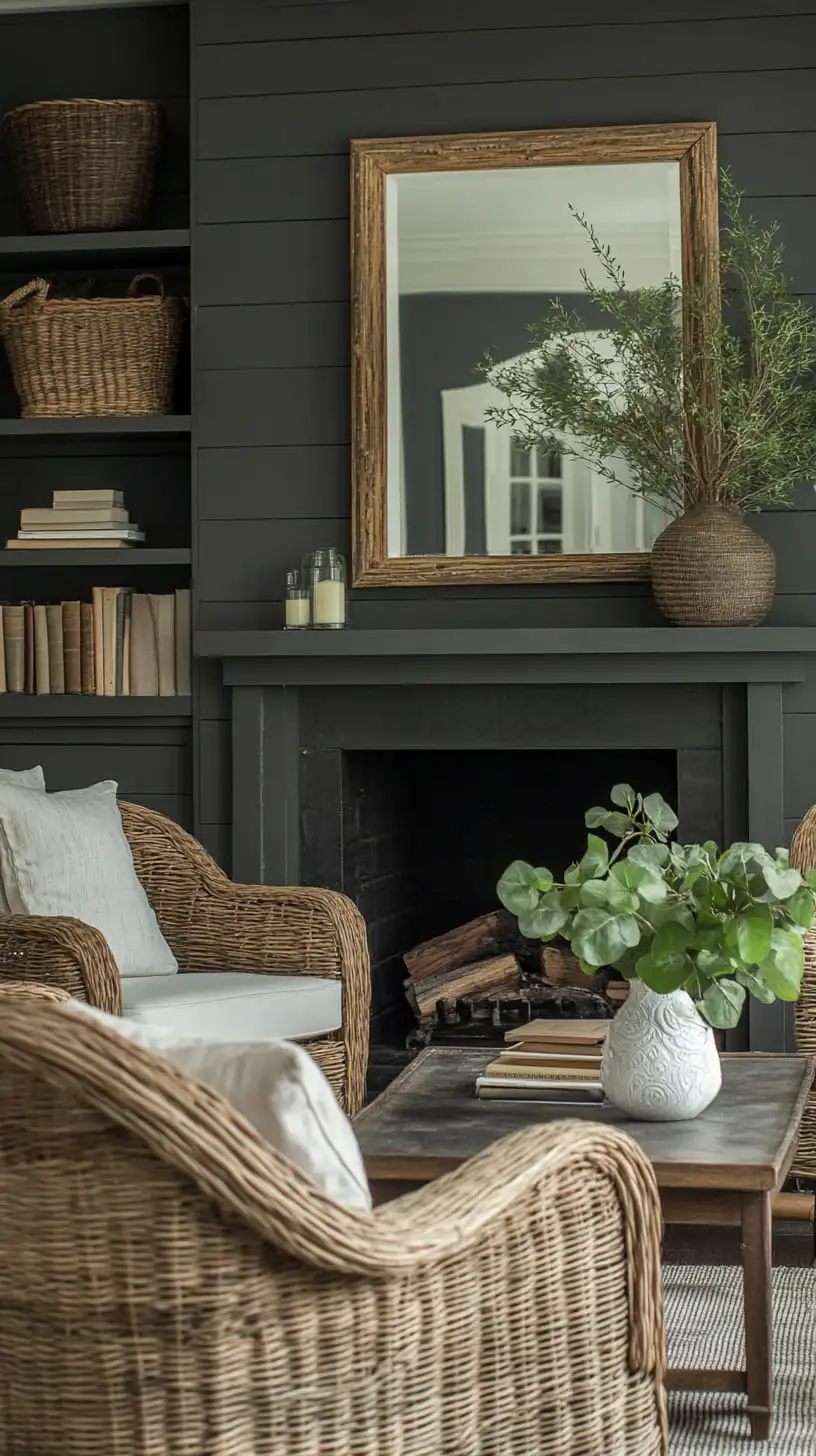 A modern farmhouse living room featuring a dark gray shiplap wall, wicker armchairs, a vintage mirror above the fireplace, and greenery, all illuminated by natural light.
