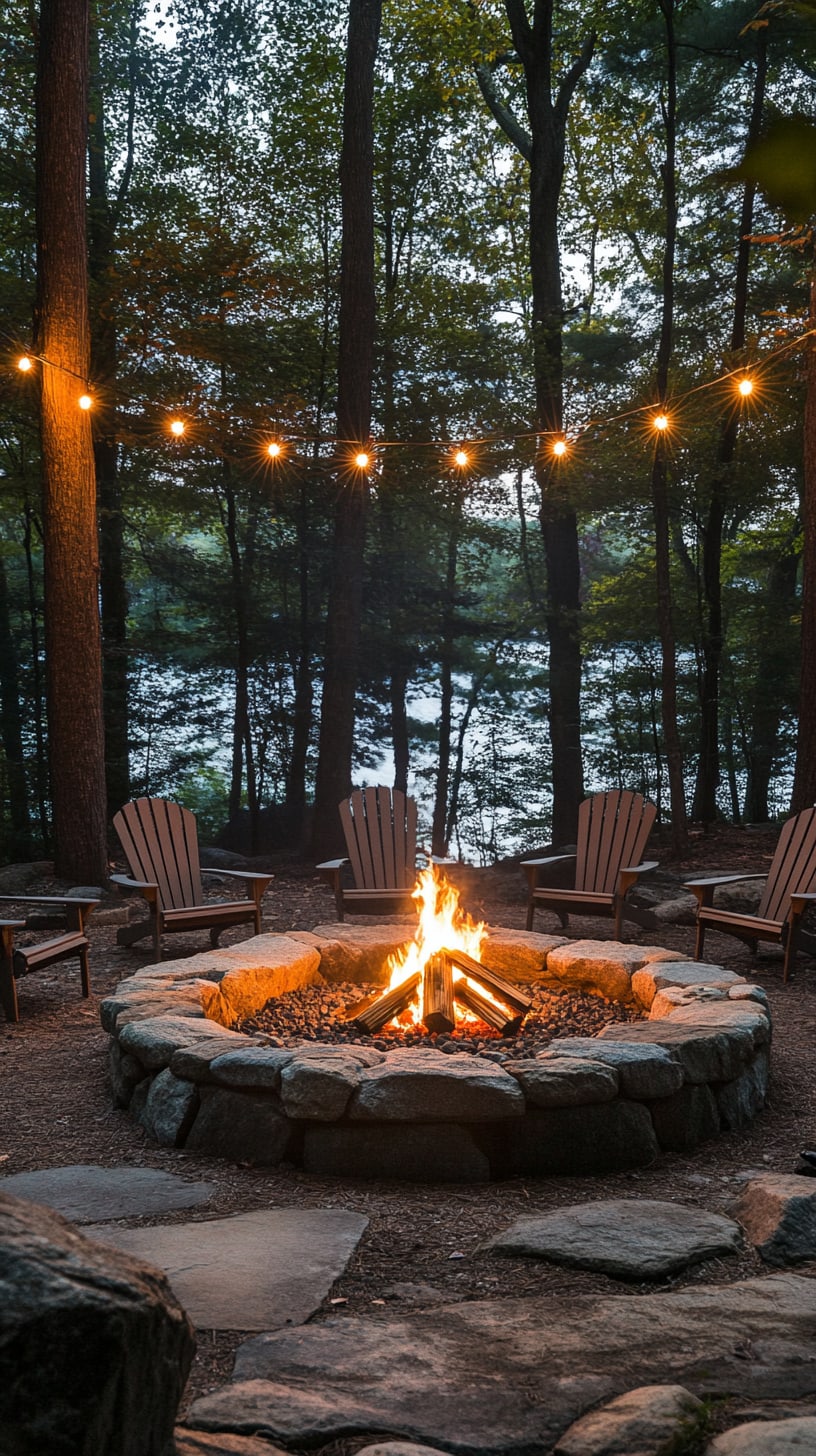 A cozy fire pit surrounded by comfortable chairs in the woods near a tranquil lake at dusk, illuminated by string lights.