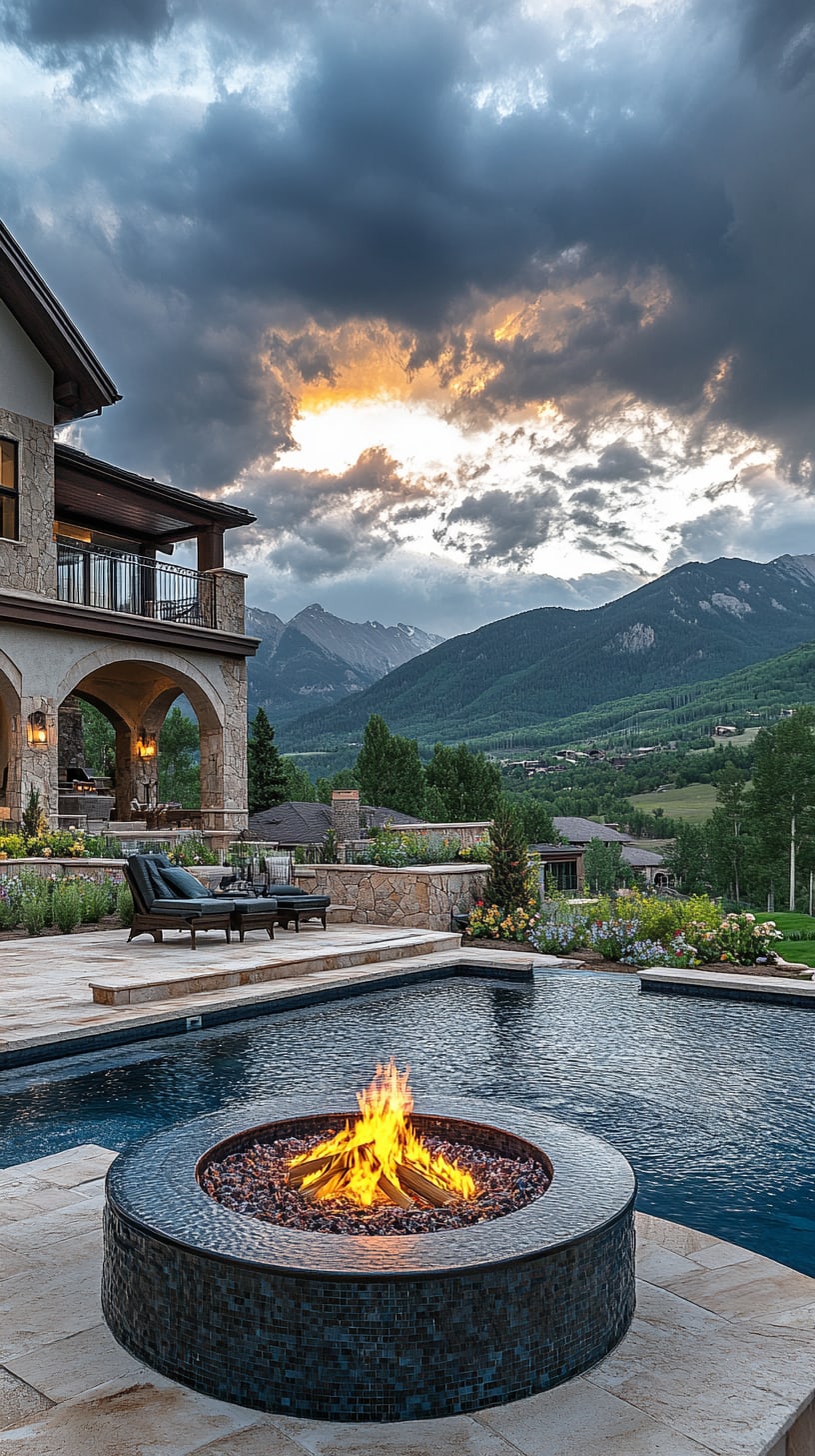 A luxurious outdoor pool and fire pit with panoramic views of the Colorado Rocky Mountains, featuring an elegant mansion surrounded by lush greenery under dramatic skies.