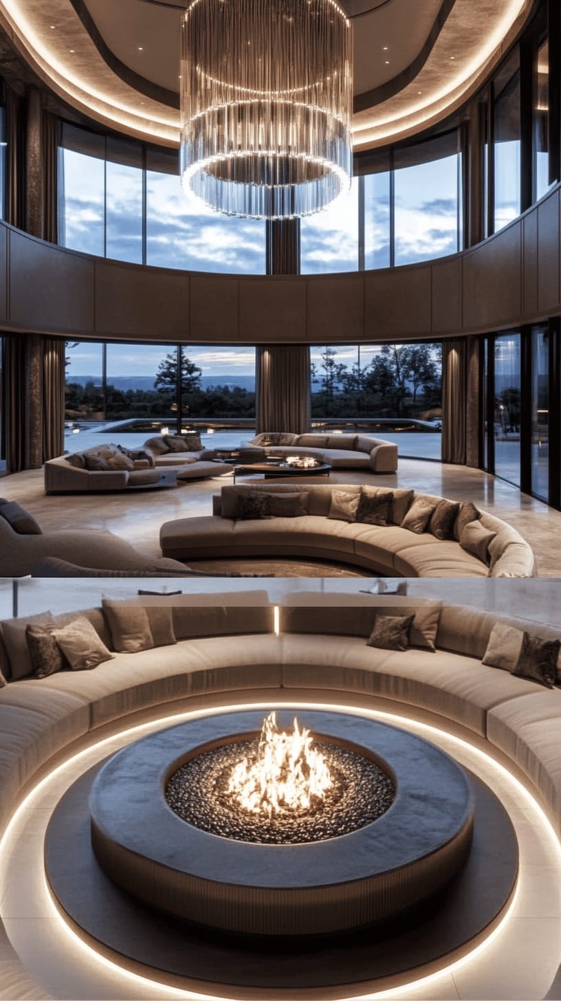 A luxurious living room featuring a circular seating area around a fire pit, floor-to-ceiling windows, and an elegant chandelier, creating a warm and inviting atmosphere.