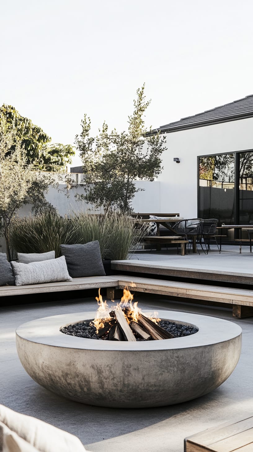 A large round concrete fire pit surrounded by a grey sofa and greenery in a modern outdoor dining area.
