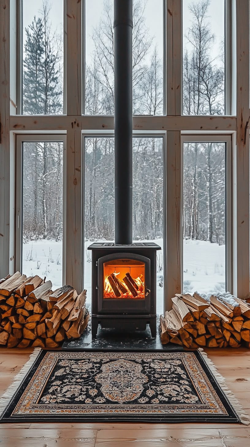 A cozy wood stove surrounded by firewood and a black rug, with large windows showcasing a snow-covered forest outside, creating a warm and inviting atmosphere.