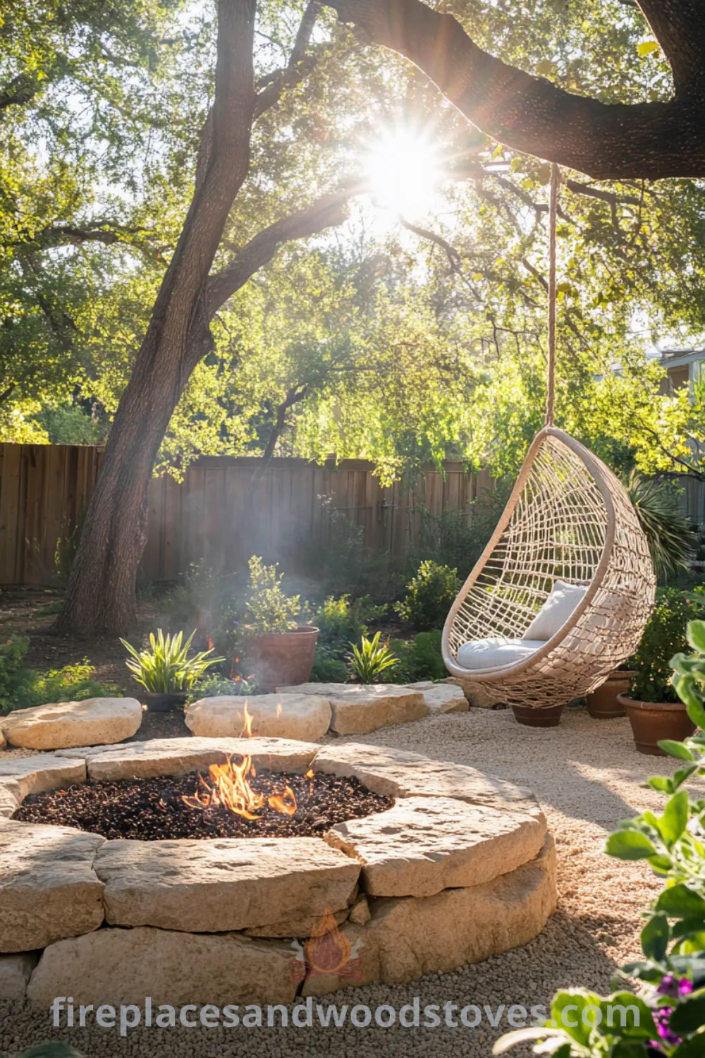Backyard fire pit area on fireplacesandwoodstoves.com, showcasing cozy fire pit seating, outdoor decor, and creative backyard ideas for perfect gatherings.