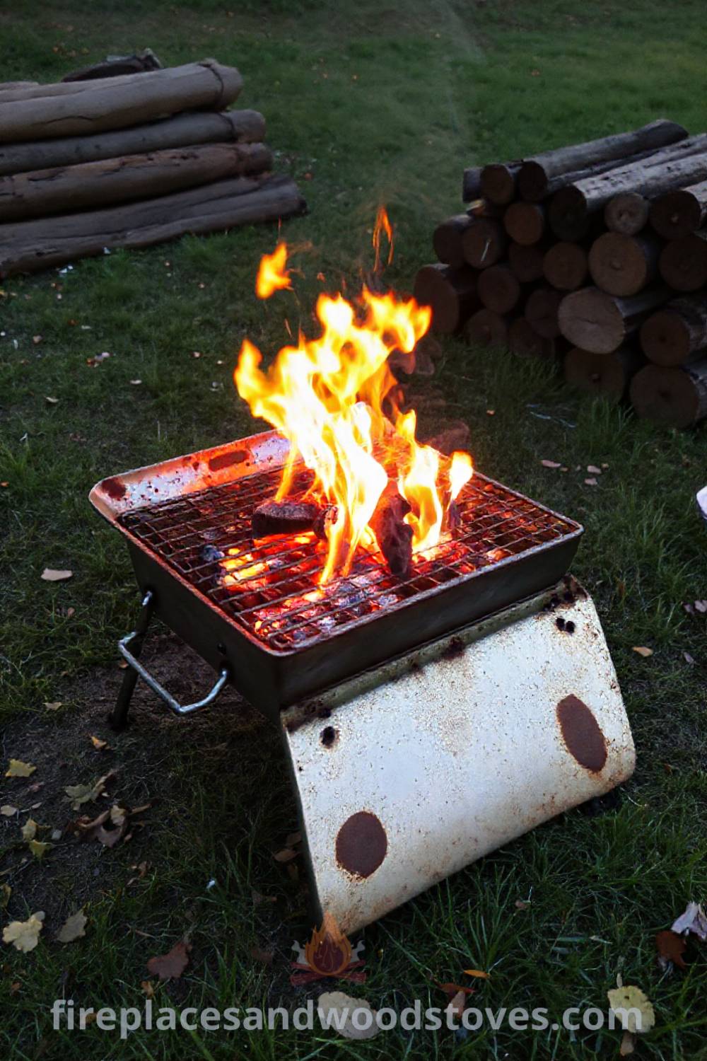 Sturdy camping barbecue with bright flames on a patch of grass, surrounded by wooden logs for seating, under the golden evening sun, creating a cozy and inviting outdoor atmosphere for camping. Visit patioandhomefurniture.com for stylish outdoor design ideas that will wow your guests.