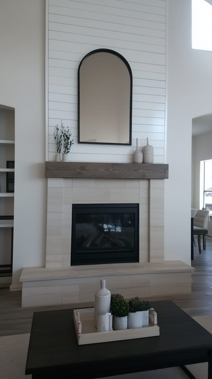 A modern farmhouse fireplace featuring white shiplap, a dark wood mantel, and an oversized arched mirror above, accompanied by a stylish coffee table and warm decor.
