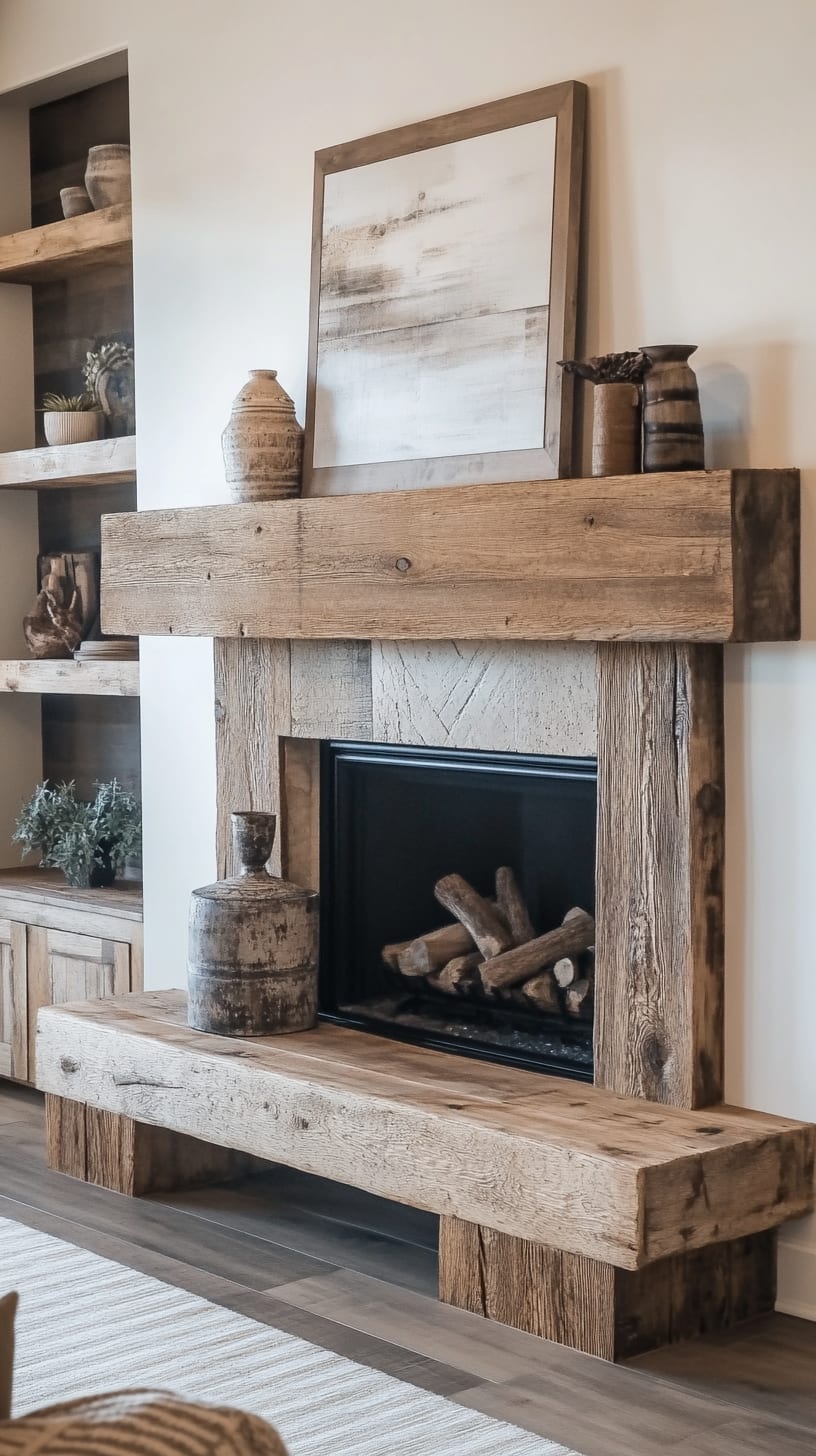 A rustic farmhouse-style living room featuring an oak wood fireplace with a large mantle, naturally lit with decorative items positioned above and beside it.