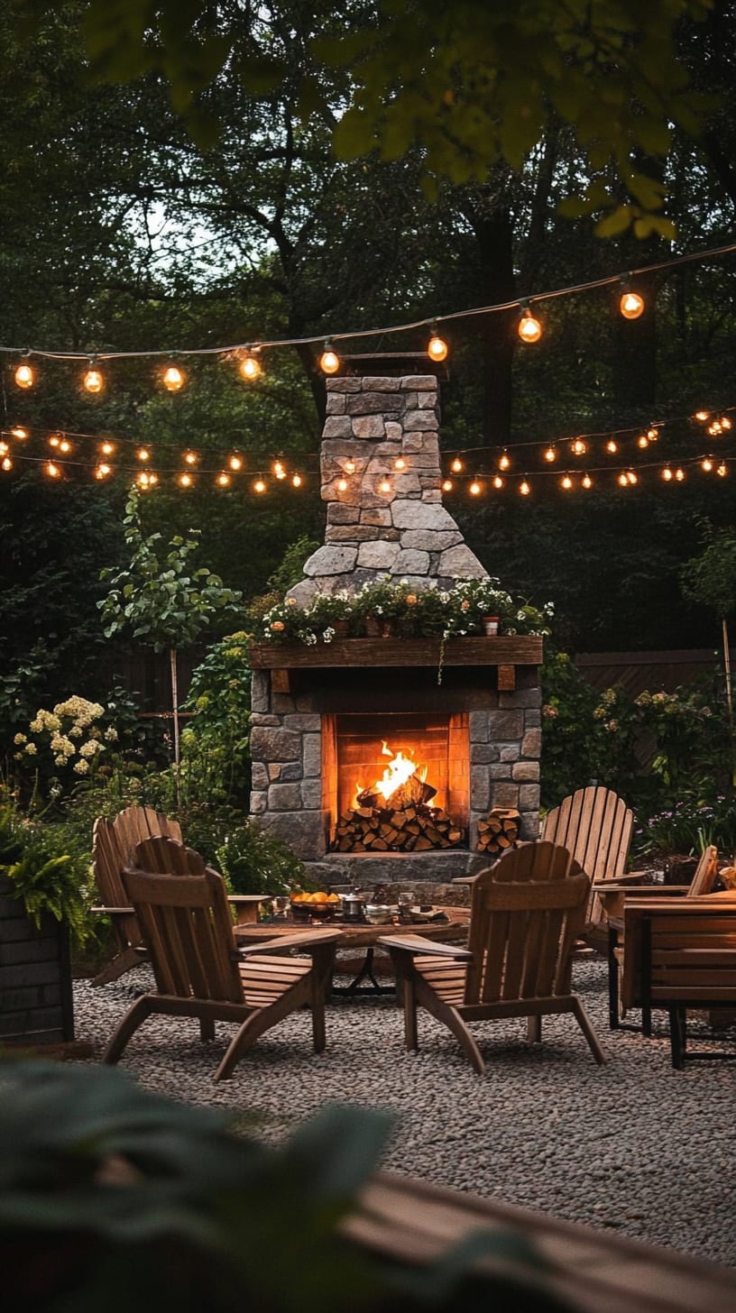A cozy outdoor fireplace surrounded by string lights, with comfortable wooden chairs set on gravel, surrounded by lush greenery and colorful flowers.
