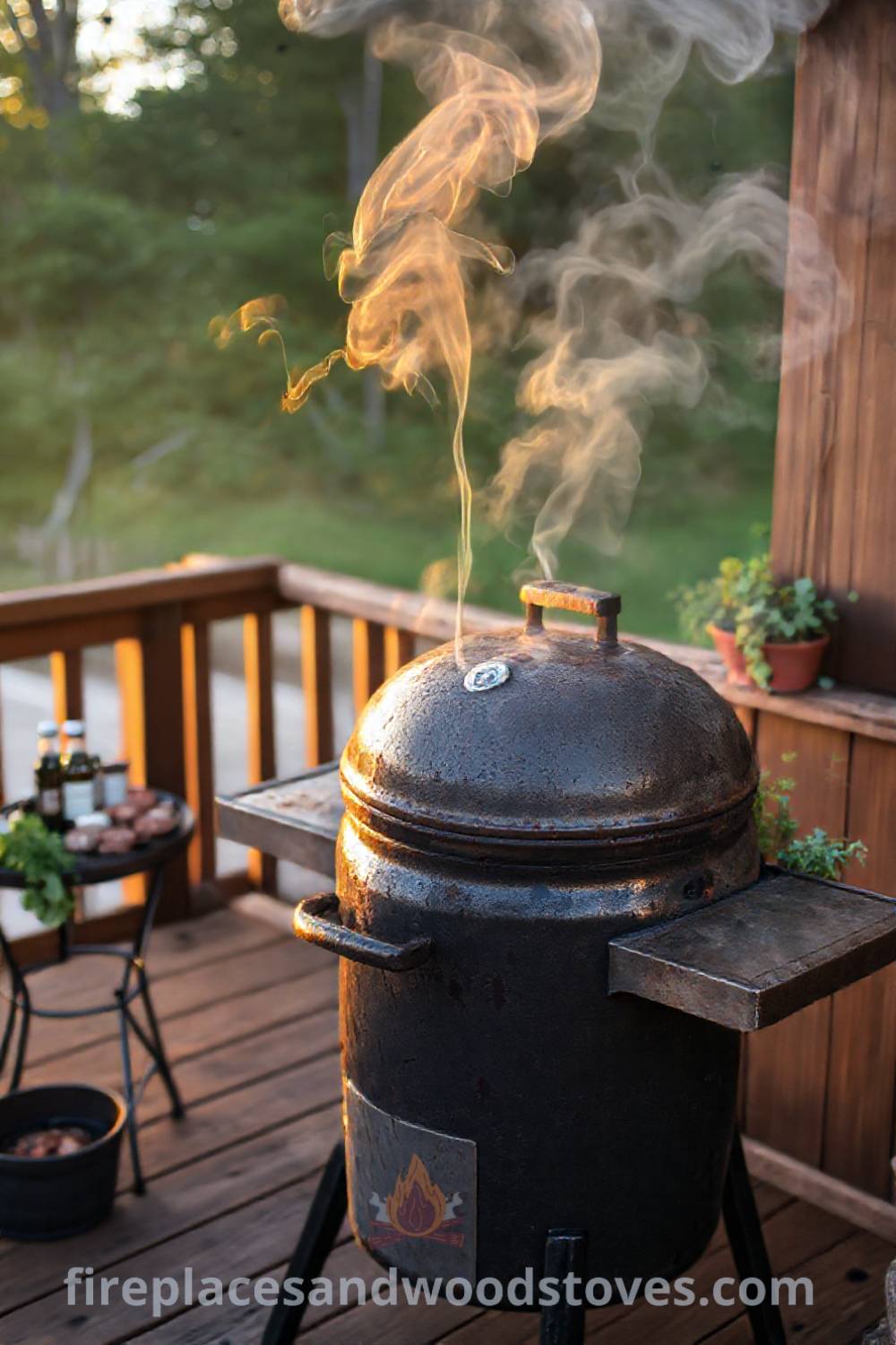 Outdoor barbecue smoker on a wooden deck with potted herbs and spices, creating a cozy atmosphere for cookouts. Visit patioandhomefurniture.com for incredible ideas that will wow your guests.