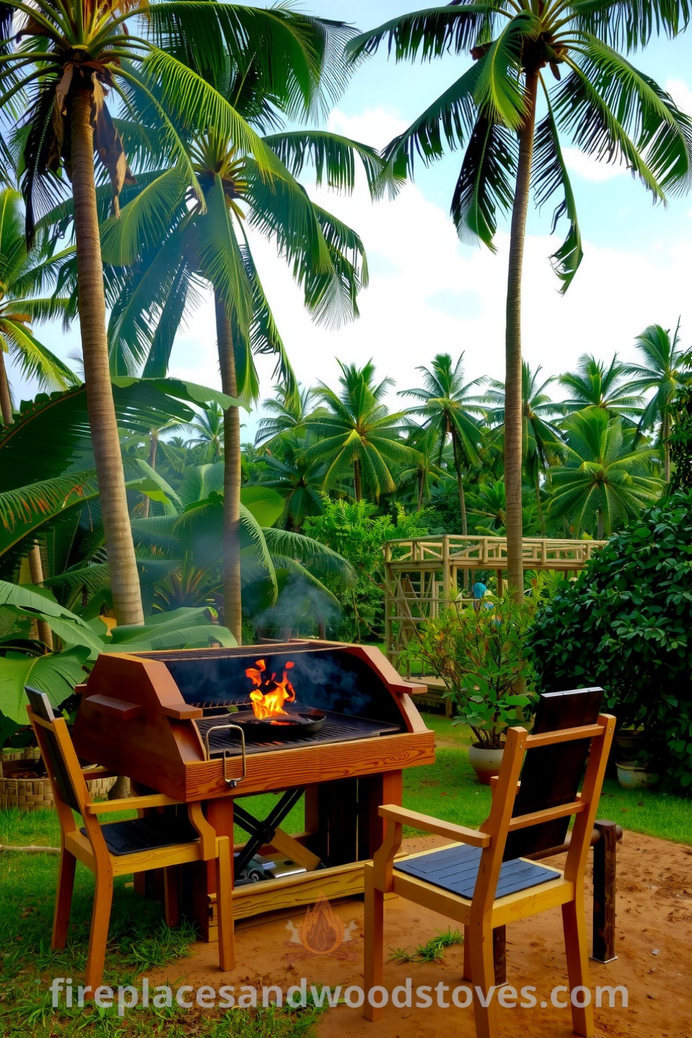 A cozy tropical barbecue setup with a smoke-wreathed grill surrounded by palm trees, mismatched chairs, and vibrant greenery, creating an inviting outdoor space ideal for cooking and socializing. Explore unique design ideas for your home at fireplacesandwoodstoves.com.