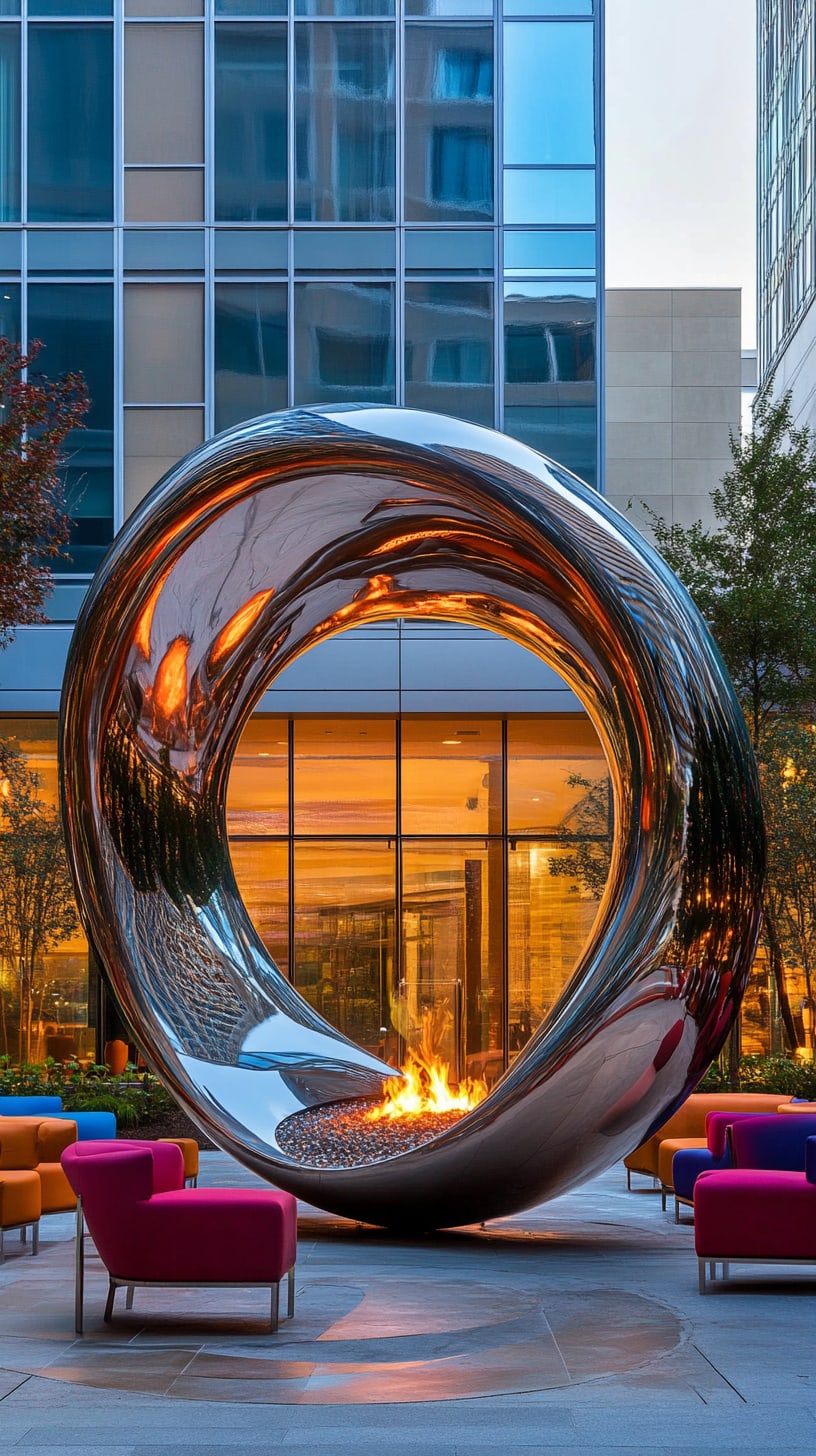 An oversized stainless steel sculpture shaped like an O, encircling colorful seating and a fire pit, set in an outdoor space near modern buildings.