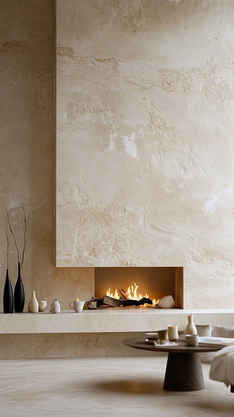 A serene minimalist fireplace with light beige marble walls, featuring subtle textures and a warm fire, accompanied by a nearby coffee table with decorative vases.