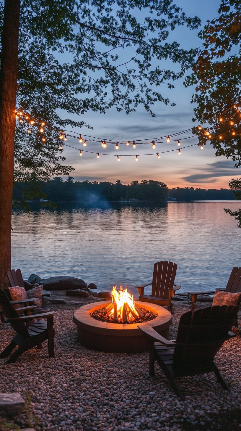 A cozy lakeside setting featuring a fire pit surrounded by chairs, illuminated by string lights, with a calm lake and dusk sky in the background.