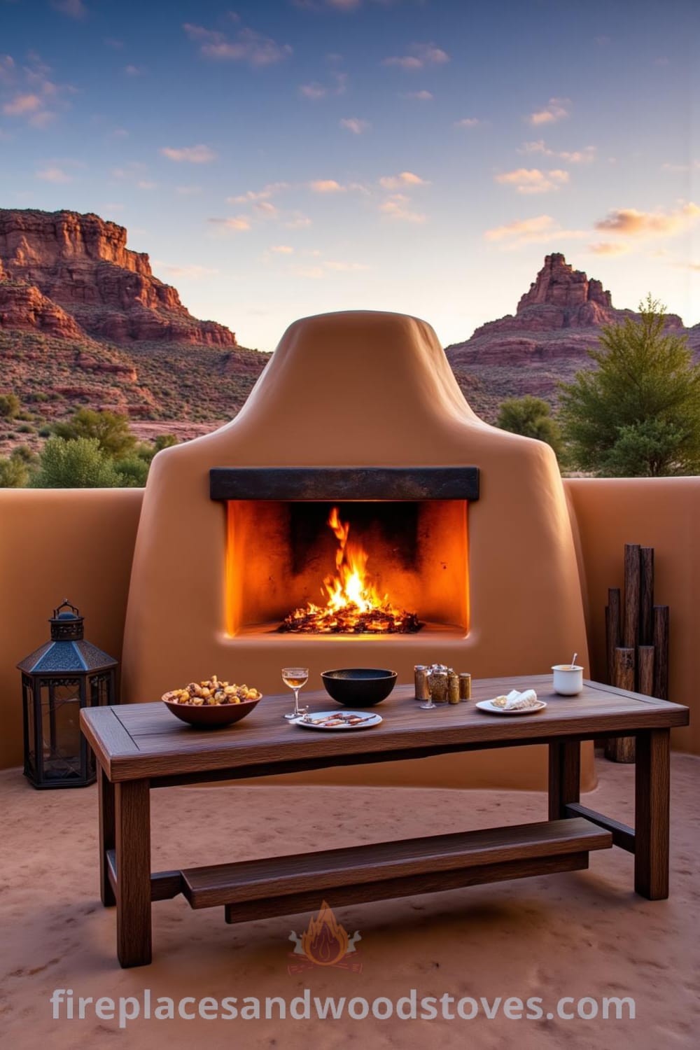 Outdoor barbecue made of adobe, surrounded by desert terrain at sunset, featuring glowing embers, rustic wooden table with simple dishes, and a cozy atmosphere perfect for gatherings with family and friends. Visit fireplacesandwoodstoves.com for cozy home design ideas and inspirations.