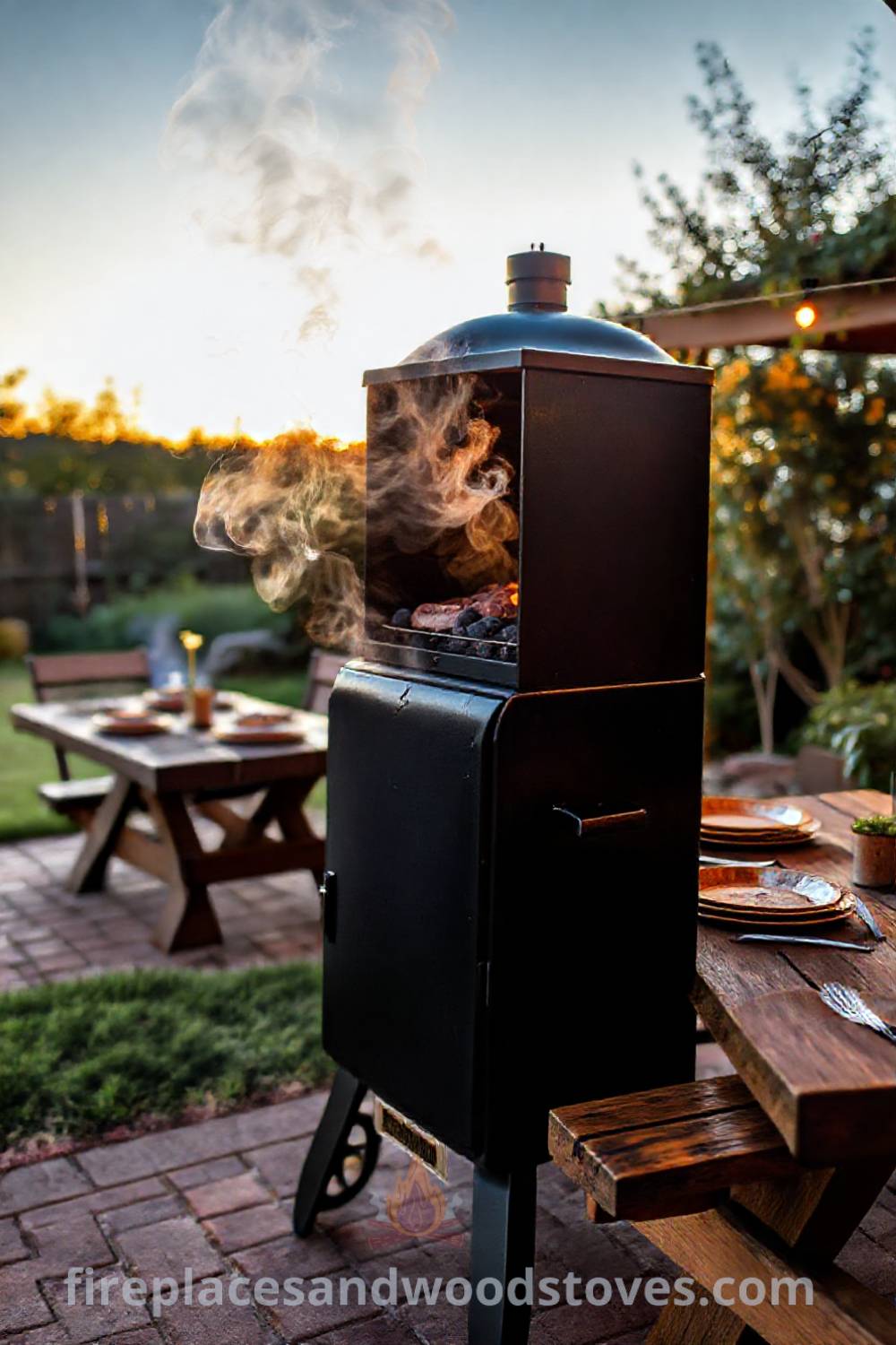 Vertical smoker barbecue on a brick patio with a rustic picnic table under the warm glow of sunset, surrounded by fragrant herbs, creating an inviting outdoor cooking space that will wow your guests. Visit patioandhomefurniture.com for stylish and cozy outdoor design ideas.